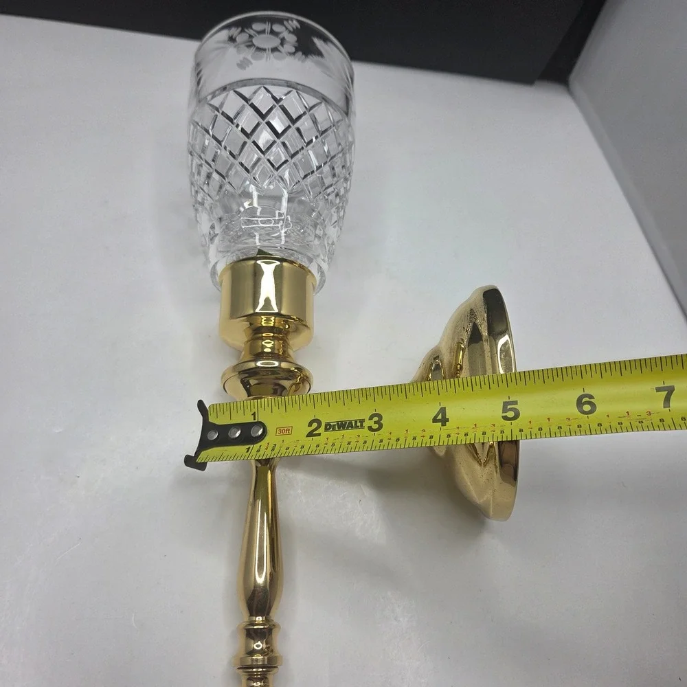 Vintage Brass Wall Sconce Etched Crystal Hurricane Shade Gold Tone 14